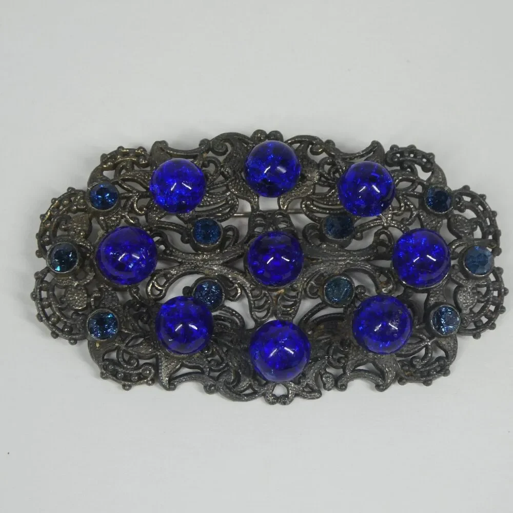 Silver Filigree Blue Rhinestone & Glass Crystal Brooch Antique Pin Czech?